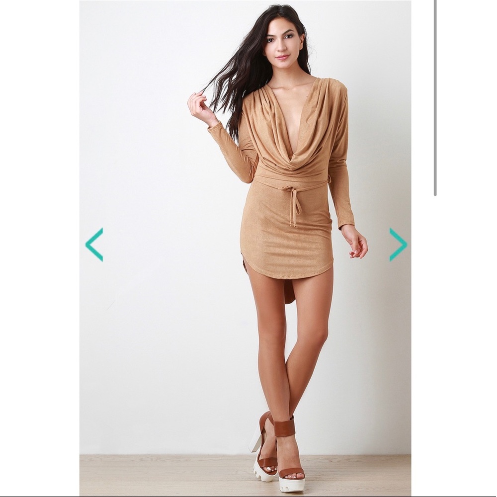 Faux suede plunging cowl neck long sleeve dress